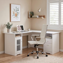 Artiss Office Desk and Chair Set L Shape Computer Desk 150cm with Storage Cabinet & Drawers, Ergonomic PU Leather Office Chair, White Home Office Furniture