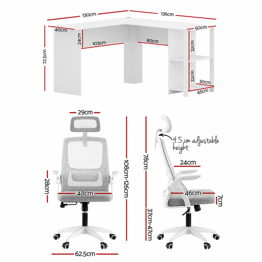 Artiss Home Office Desk and Chair Set, 136cm L Shaped Computer Desk with Shelves & Cable Management, Ergonomic Mesh Office Chair with Adjustable Headrest, Flip-Up Armrests