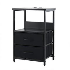 Artiss Bedside Table LED Nightstand Charging Station 2 Drawers Foldable Black