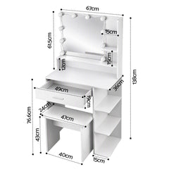 Artiss Dressing Table Vanity Desk LED Mirror Stool Storage Power Outlet Hairdryer Holder White