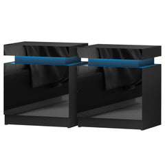 Artiss 2X Bedside Table LED 2 Drawers Lift-up Storage - COLEY Black