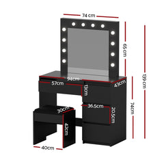 Artiss Dressing Table Set Stool 12 Led Bulbs Black