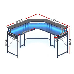 Artiss L-Shape Gaming Desk Computer Desks RGB LED Power Outlet 130cm Black