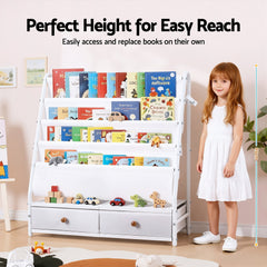 Keezi Kids Bookshelf Metal Storage Rack Toy Organiser Display Shelf Drawer White