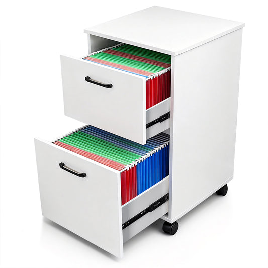 2-Drawer File Cabinet MDF Rolling Filing Cabinet with Adjustable Hanging Rail and 5 Swivel Casters for Under Desk Roomy Filing Cabinets Home Office White