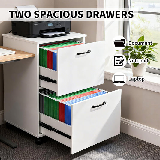 2-Drawer File Cabinet MDF Rolling Filing Cabinet with Adjustable Hanging Rail and 5 Swivel Casters for Under Desk Roomy Filing Cabinets Home Office White