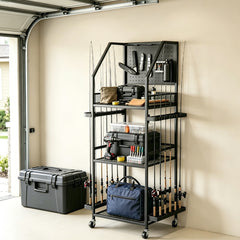 Fishing Rod Holders for Up to 12 Rods 3-Tier Fishing Gear Equipment Cart with Wheels and Pegboard for Tackle Box Reel Accessories Storage Home Garage Use