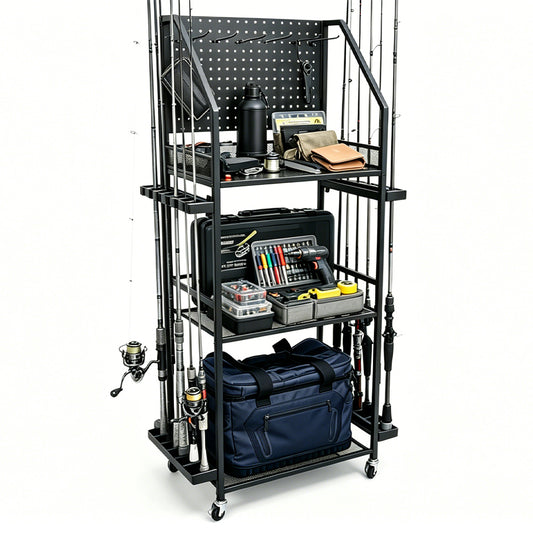 Fishing Rod Holders for Up to 12 Rods 3-Tier Fishing Gear Equipment Cart with Wheels and Pegboard for Tackle Box Reel Accessories Storage Home Garage Use