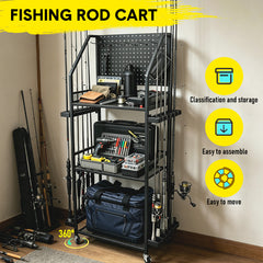 Fishing Rod Holders for Up to 12 Rods 3-Tier Fishing Gear Equipment Cart with Wheels and Pegboard for Tackle Box Reel Accessories Storage Home Garage Use