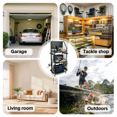 Fishing Rod Holders for Up to 12 Rods 3-Tier Fishing Gear Equipment Cart with Wheels and Pegboard for Tackle Box Reel Accessories Storage Home Garage Use