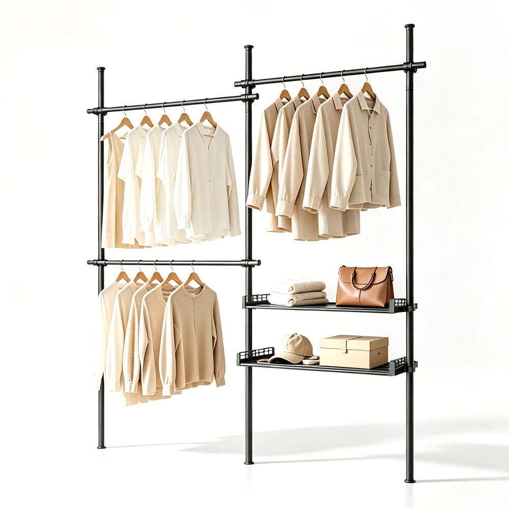 Adjustable Clothes Rack Floor-to-Ceiling Tension Rod Thick Steel Garment Rack with 3 Pillars 3 Bars and 2 Mesh Shelves Nail-Free Installation Max 3m H