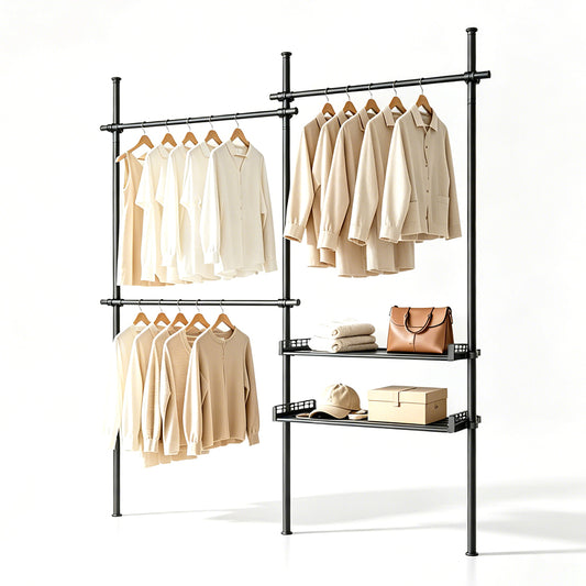 Adjustable Clothes Rack Floor-to-Ceiling Tension Rod Thick Steel Garment Rack with 3 Pillars 3 Bars and 2 Mesh Shelves Nail-Free Installation Max 3m H
