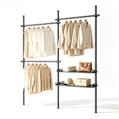 Adjustable Clothes Rack Floor-to-Ceiling Tension Rod Thick Steel Garment Rack with 3 Pillars 3 Bars and 2 Mesh Shelves Nail-Free Installation Max 3m H