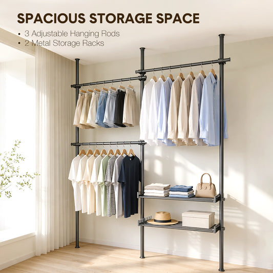 Adjustable Clothes Rack Floor-to-Ceiling Tension Rod Thick Steel Garment Rack with 3 Pillars 3 Bars and 2 Mesh Shelves Nail-Free Installation Max 3m H