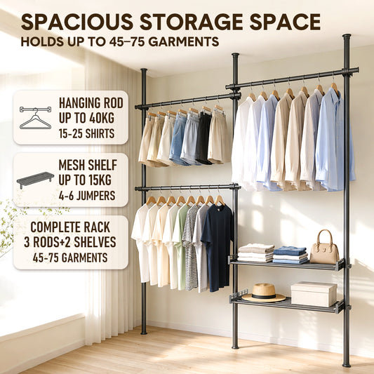 Adjustable Clothes Rack Floor-to-Ceiling Tension Rod Thick Steel Garment Rack with 3 Pillars 3 Bars and 2 Mesh Shelves Nail-Free Installation Max 3m H