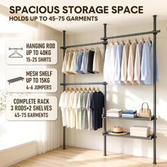 Adjustable Clothes Rack Floor-to-Ceiling Tension Rod Thick Steel Garment Rack with 3 Pillars 3 Bars and 2 Mesh Shelves Nail-Free Installation Max 3m H