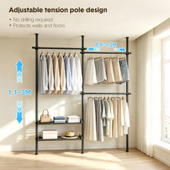 Adjustable Clothes Rack Floor-to-Ceiling Tension Rod Thick Steel Garment Rack with 3 Pillars 3 Bars and 2 Mesh Shelves Nail-Free Installation Max 3m H