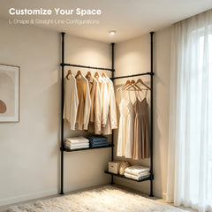 Adjustable Clothes Rack Floor-to-Ceiling Tension Rod Thick Steel Garment Rack with 3 Pillars 3 Bars and 2 Mesh Shelves Nail-Free Installation Max 3m H