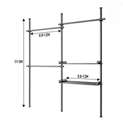 Adjustable Clothes Rack Floor-to-Ceiling Tension Rod Thick Steel Garment Rack with 3 Pillars 3 Bars and 2 Mesh Shelves Nail-Free Installation Max 3m H