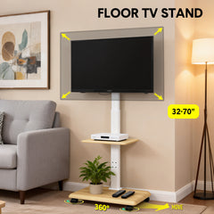 Mobile Floor TV Stand for 32-70 Inch TVs VESA up to 600x400mm Max 30kg Swivel Height Adjustable TV Cart with Shelf and Lockable Wheels White