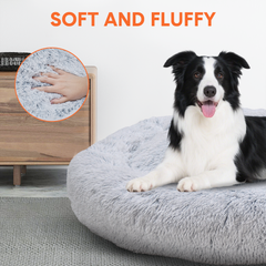 Round Plush Donut Pet Bed Soft Warm Calming Bed Removable and Washable Fluffy Cushion Sleeping Kennel for Dogs and Cats 90cm in Diameter Light Grey