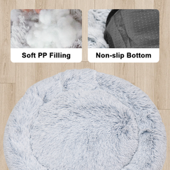 Round Plush Donut Pet Bed Soft Warm Calming Bed Removable and Washable Fluffy Cushion Sleeping Kennel for Dogs and Cats 90cm in Diameter Light Grey