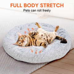 Round Plush Donut Pet Bed Soft Warm Calming Bed Removable and Washable Fluffy Cushion Sleeping Kennel for Dogs and Cats 90cm in Diameter Light Grey
