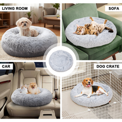 Round Plush Donut Pet Bed Soft Warm Calming Bed Removable and Washable Fluffy Cushion Sleeping Kennel for Dogs and Cats 90cm in Diameter Light Grey