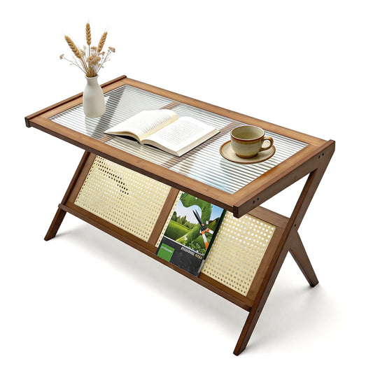 Rattan Coffee Table 104cm Mid-Century Modern Z-Shaped Boho Center Table with Fluted Glass Top and Storage for Living Room Small Space Apartment Brown