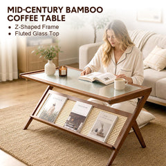 Rattan Coffee Table 104cm Mid-Century Modern Z-Shaped Boho Center Table with Fluted Glass Top and Storage for Living Room Small Space Apartment Brown