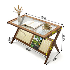 Rattan Coffee Table 104cm Mid-Century Modern Z-Shaped Boho Center Table with Fluted Glass Top and Storage for Living Room Small Space Apartment Brown
