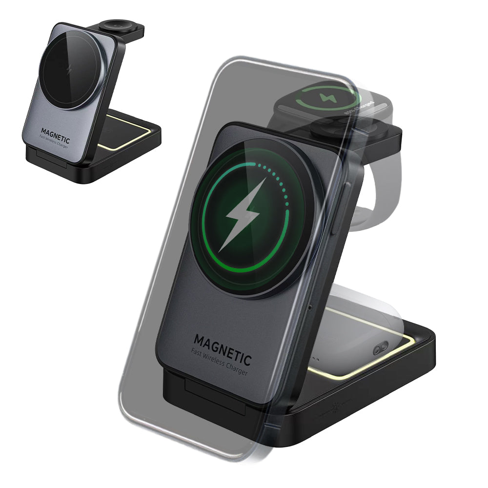 3-in-1 Foldable Wireless Charger Stand Magnetic 15W Fast Charging Station  For Apple iWatch iPhone Air Pods Android with Night Light Magsafe Charger