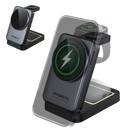 3-in-1 Foldable Wireless Charger Stand Magnetic 15W Fast Charging Station  For Apple iWatch iPhone Air Pods Android with Night Light Magsafe Charger