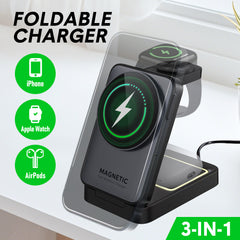 3-in-1 Foldable Wireless Charger Stand Magnetic 15W Fast Charging Station  For Apple iWatch iPhone Air Pods Android with Night Light Magsafe Charger