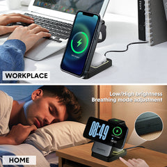 3-in-1 Foldable Wireless Charger Stand Magnetic 15W Fast Charging Station  For Apple iWatch iPhone Air Pods Android with Night Light Magsafe Charger