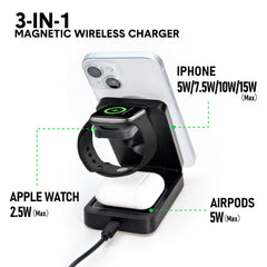 3-in-1 Foldable Wireless Charger Stand Magnetic 15W Fast Charging Station  For Apple iWatch iPhone Air Pods Android with Night Light Magsafe Charger