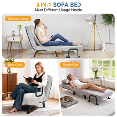 3-in-1 Convertible Sofa Bed Single Chaise Lounge Couch 6-Angle Adjustable Backrest with Pillow Upholstered Folding Leisure Recliner for Home Office Apt
