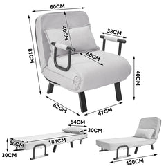 3-in-1 Convertible Sofa Bed Single Chaise Lounge Couch 6-Angle Adjustable Backrest with Pillow Upholstered Folding Leisure Recliner for Home Office Apt