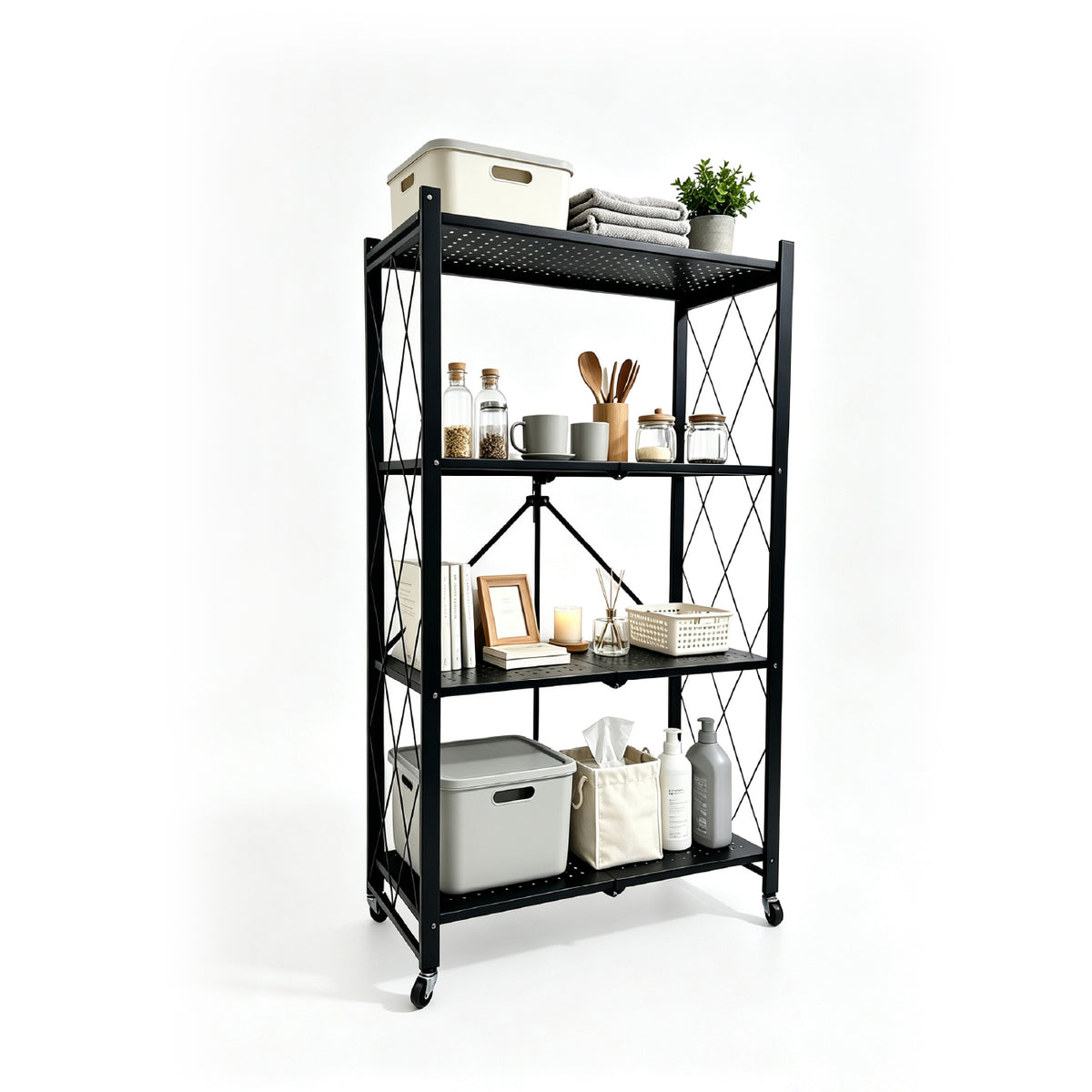 4-Tier Foldable Storage Rack Heavy Duty Collapsible Metal Shelf with Swivel Wheels for Garage Kitchen Basement Pantry Pre-Assembly Organizer Max Load 80kg
