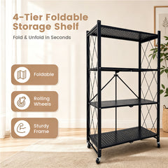4-Tier Foldable Storage Rack Heavy Duty Collapsible Metal Shelf with Swivel Wheels for Garage Kitchen Basement Pantry Pre-Assembly Organizer Max Load 80kg