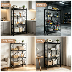 4-Tier Foldable Storage Rack Heavy Duty Collapsible Metal Shelf with Swivel Wheels for Garage Kitchen Basement Pantry Pre-Assembly Organizer Max Load 80kg