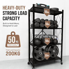 4-Tier Foldable Storage Rack Heavy Duty Collapsible Metal Shelf with Swivel Wheels for Garage Kitchen Basement Pantry Pre-Assembly Organizer Max Load 80kg