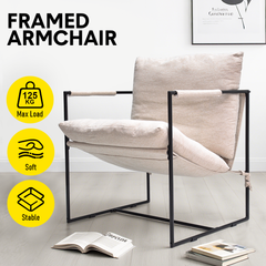 Cozy Metal Framed Armchair Modern Accent Sling Chair Ergonomic Plush Comfort Reclined Seat With Armrest and Upholstered Soft Foam Cushion for Living Room