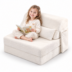 Kids 3 in 1 Floor Sofa Bed Convertible Fur Lounge Chair with Pillow Washable Cover High Rebound Foam for Bedroom Playroom Sleepover Guest Room White