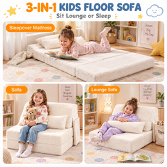 Kids 3 in 1 Floor Sofa Bed Convertible Fur Lounge Chair with Pillow Washable Cover High Rebound Foam for Bedroom Playroom Sleepover Guest Room White