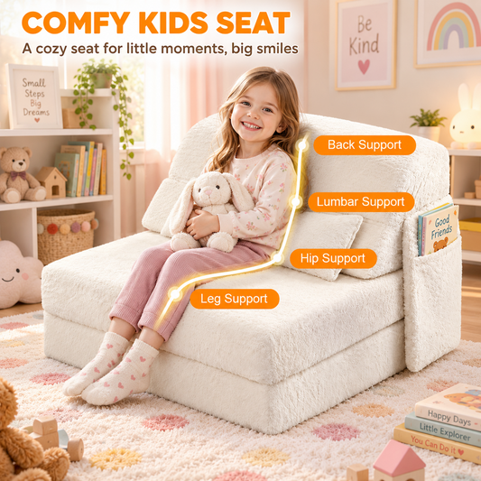 Kids 3 in 1 Floor Sofa Bed Convertible Fur Lounge Chair with Pillow Washable Cover High Rebound Foam for Bedroom Playroom Sleepover Guest Room White