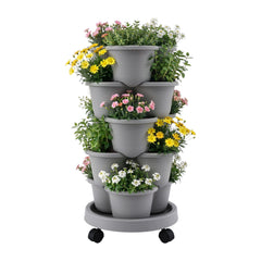 Green Fingers 5 Tier Vertical Garden Planter, Stackable Planters with 4 Wheels, Grey, Raised Garden Bed, Garden Tower Indoor Outdoor, Auto Drainage System, for Strawberries, Herbs, Flower, Vegetables