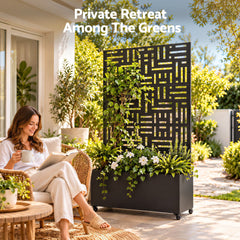 Green Fingers Mobile Planter Box Garden Bed with Trellis Privacy Screen & Lockable Wheels for Climbing Plants