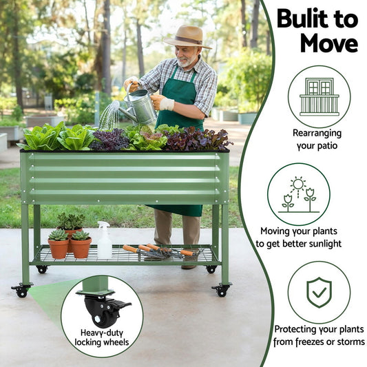 Green Fingers Elevated Raised Garden Bed Kit Mobile w/ Locking Wheels & Storage Shelf 100KG Max Load 115x60x81cm | Galvanized Steel, Portable Green Organizer for Seniors, Patio, Balcony, Vegetables