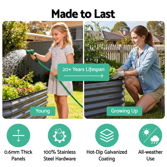 Green Fingers 4 Pcs Raised Garden Bed Kit Oval Galvanized Steel Planter Boxes 240x80x42cm, Heavy Duty Metal Elevated Garden Bed for Vegetables Flowers Herbs, with Safety Edging, Gloves & Pegs Included